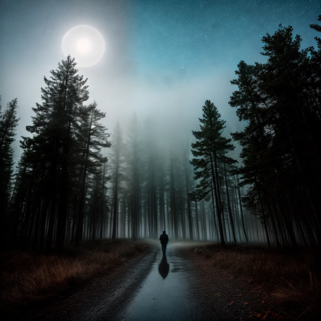 Fotos floresta misteriosa luz distante noite