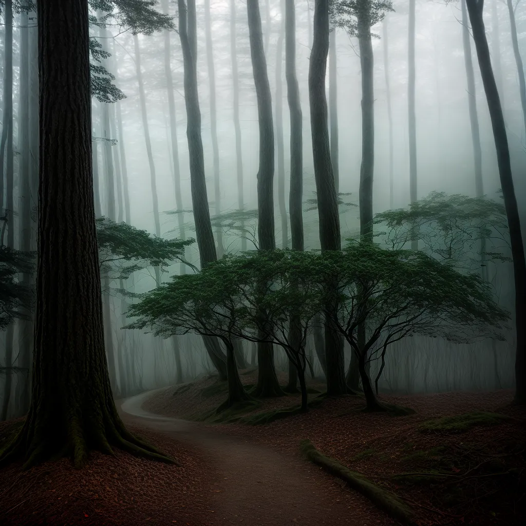 Fotos floresta misteriosa nevoa luz