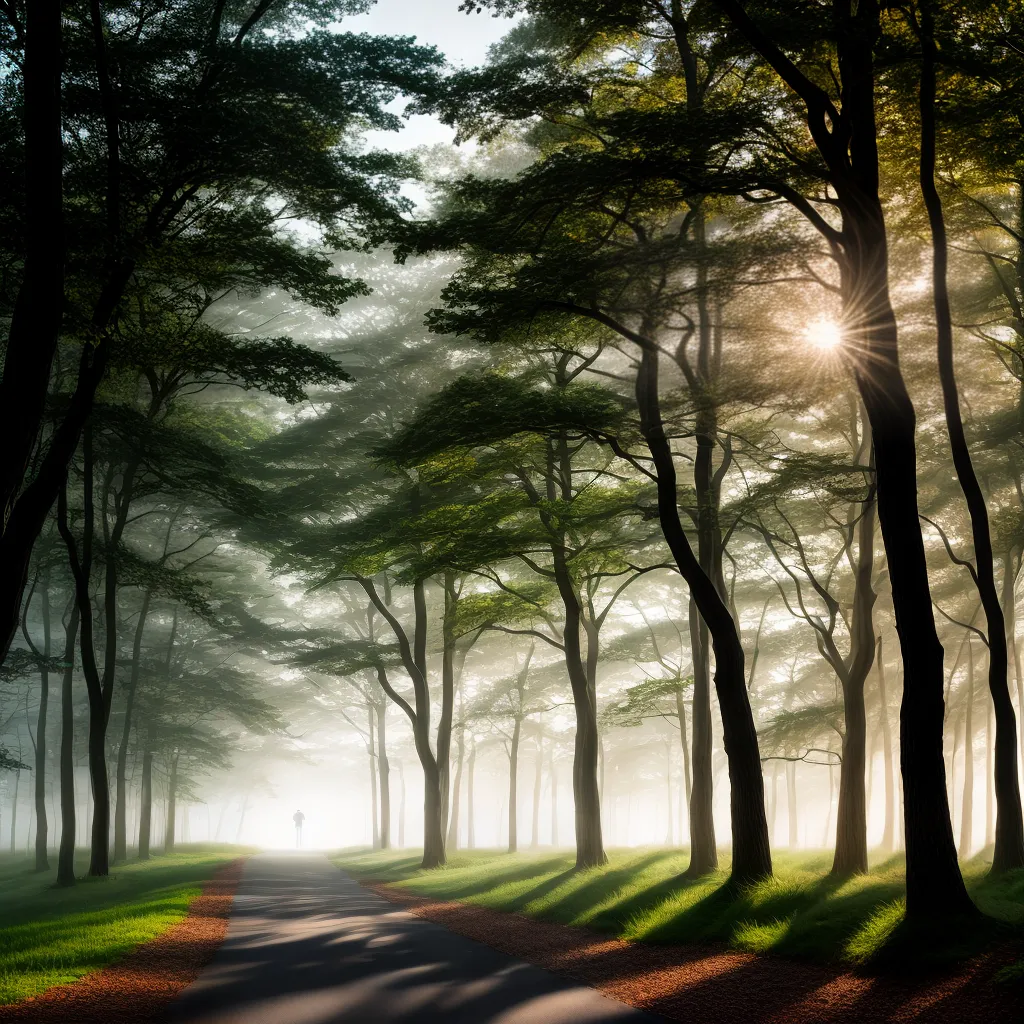 Fotos floresta nevoeiro amanhecer caminhada silhueta