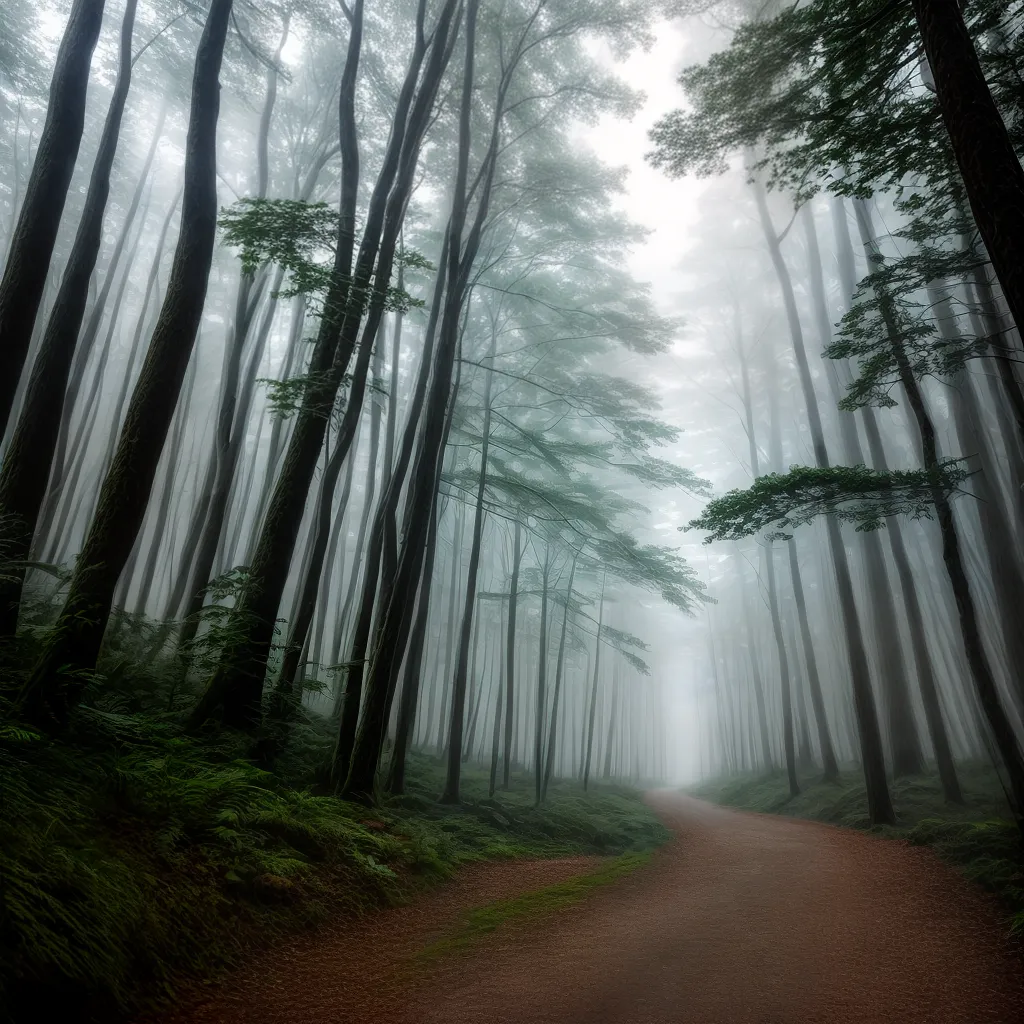 Fotos floresta nevoeiro caminho misterio 2