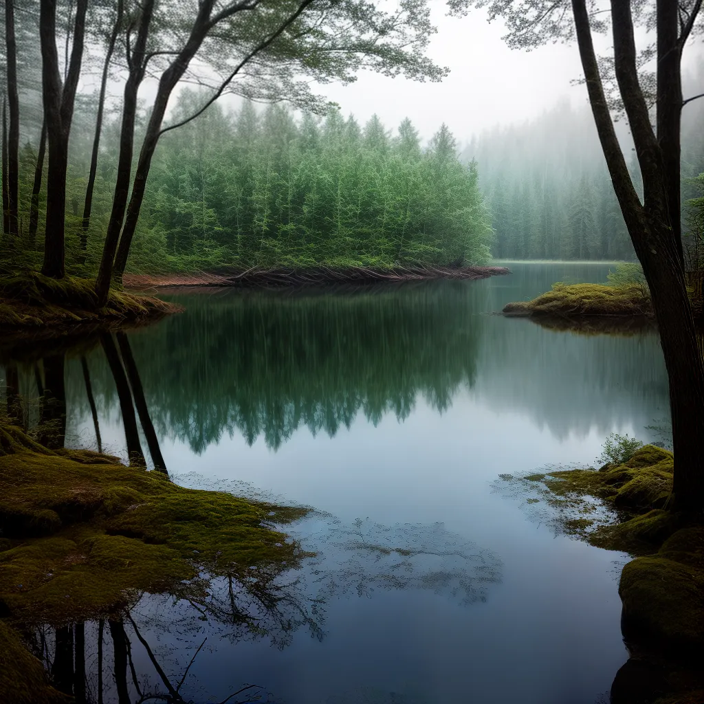 Reservatório Enigmático: Descubra o que significa sonhar com mistério. 5 Fotos floresta nevoeiro lago luz secreta