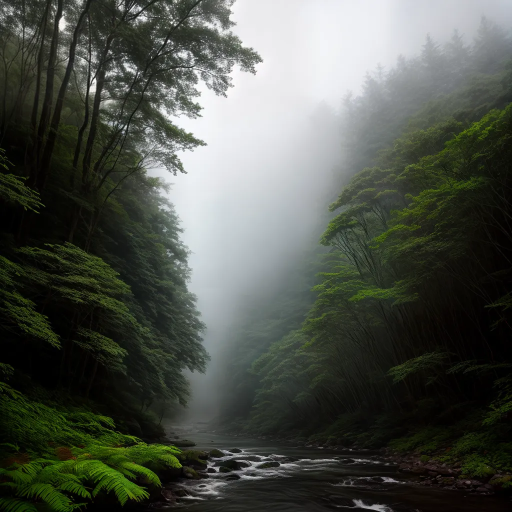 Desvendando os Enigmas do Subconsciente: Qual o Significado de Sonhar com a Natureza Selvagem 2 Fotos floresta nevoeiro riacho misterio
