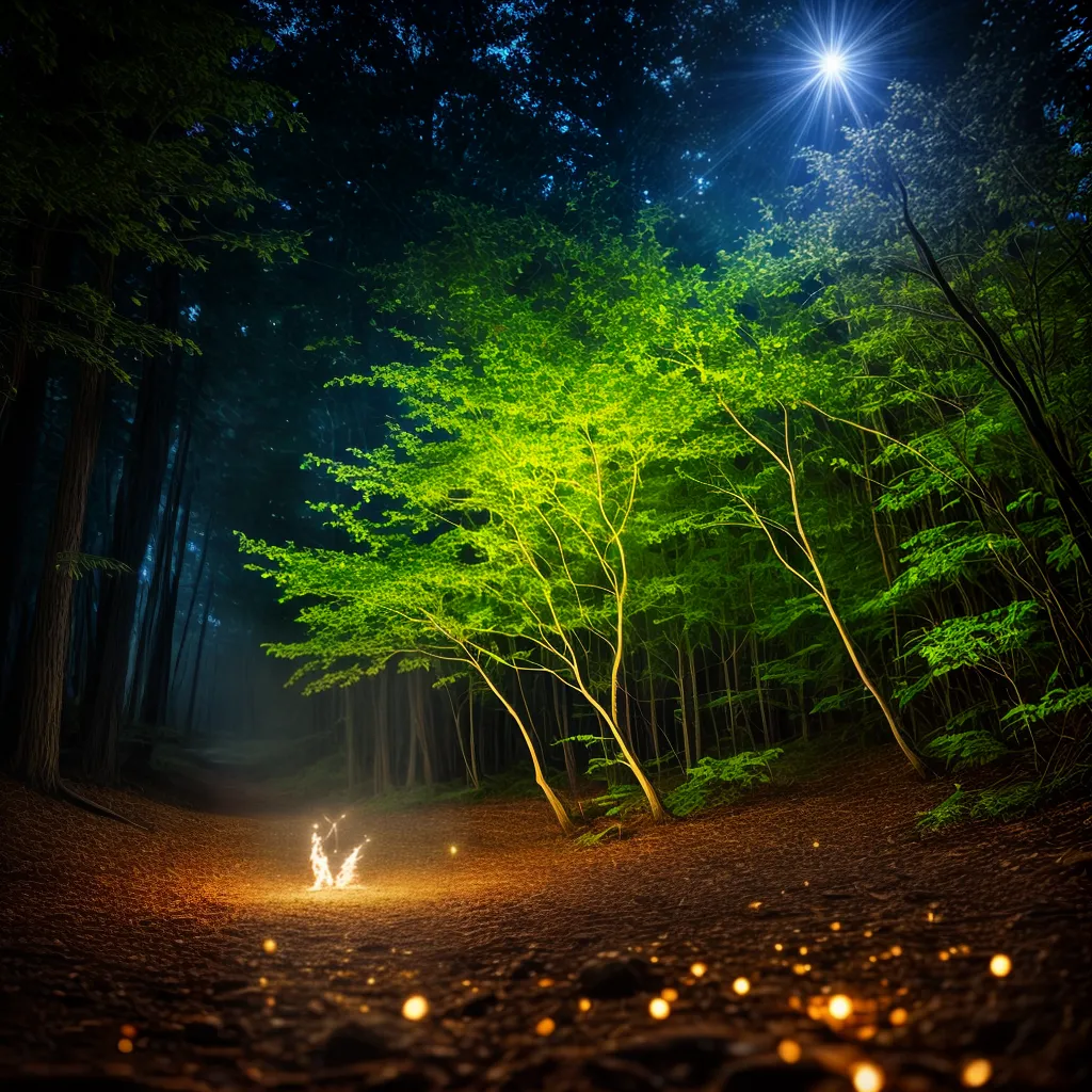 Fotos floresta noturna fogo magia silhueta