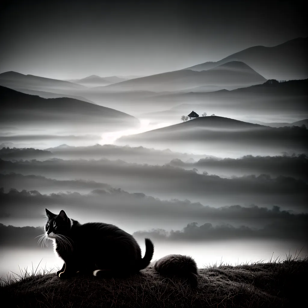 Fotos gato sonhador preto branco nevoa