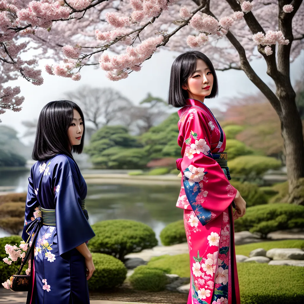 Fotos japonesa kimono jardim cerejeiras