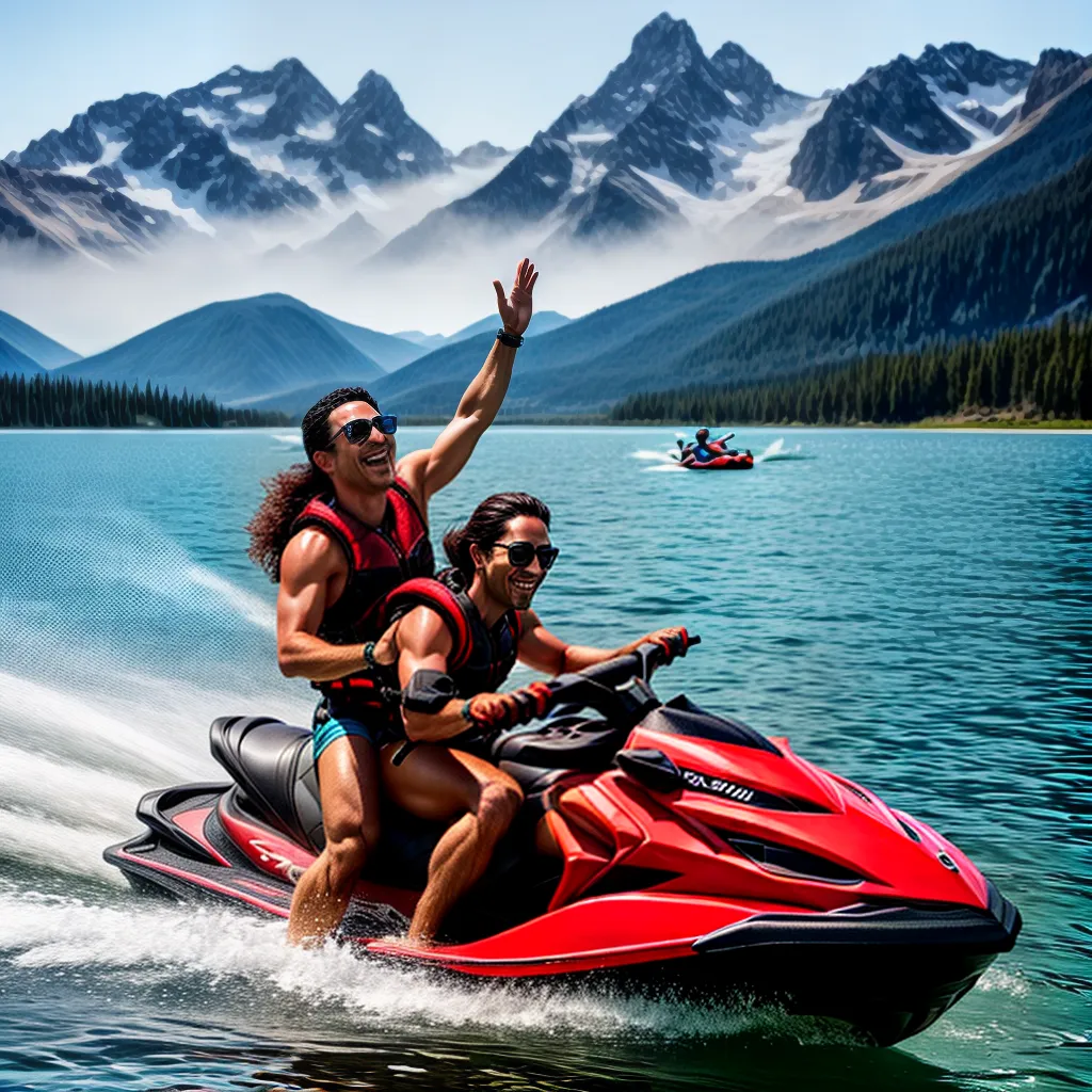 Fotos jet ski lago montanhas sol