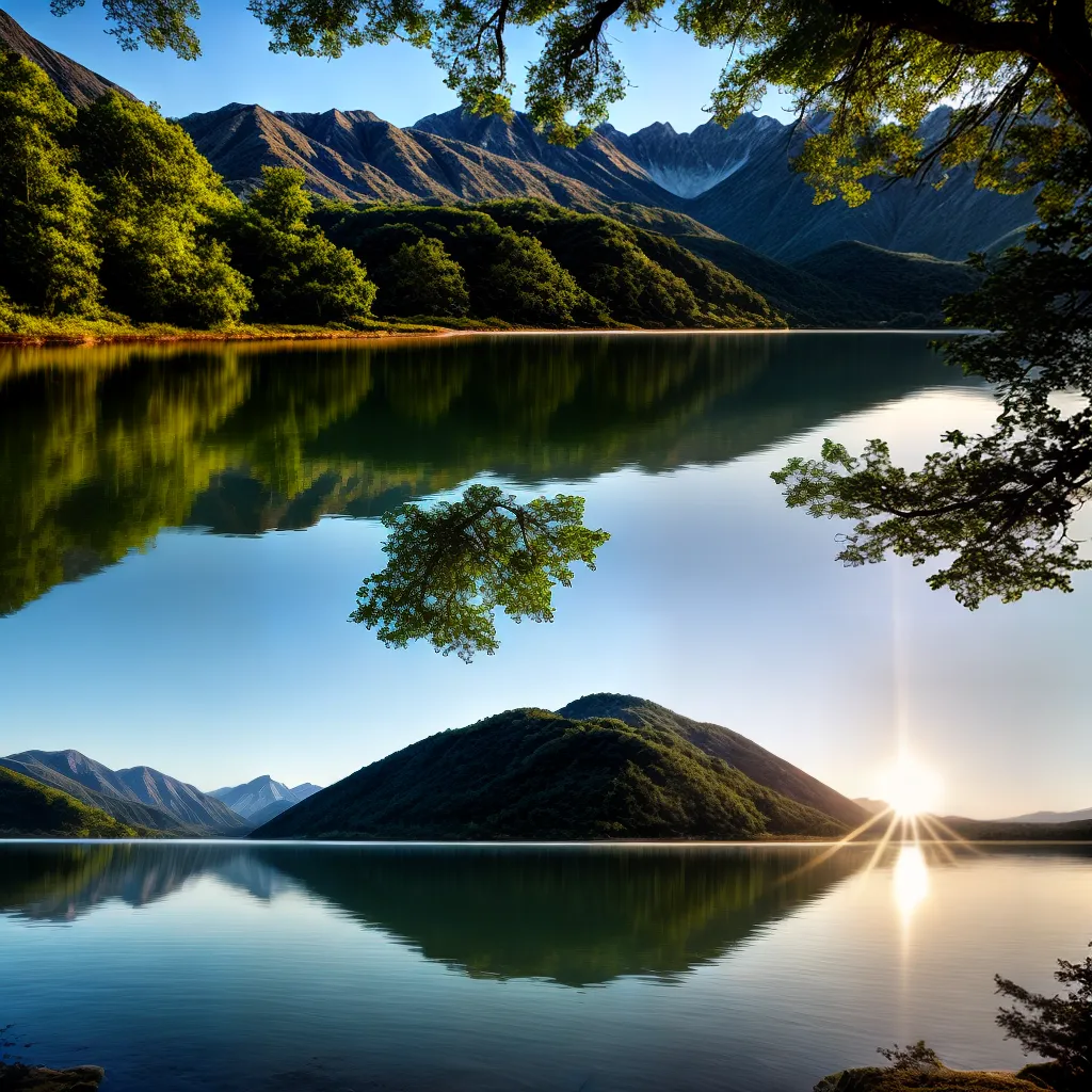 Fotos lago montanhas reflexo sol tranquilidade