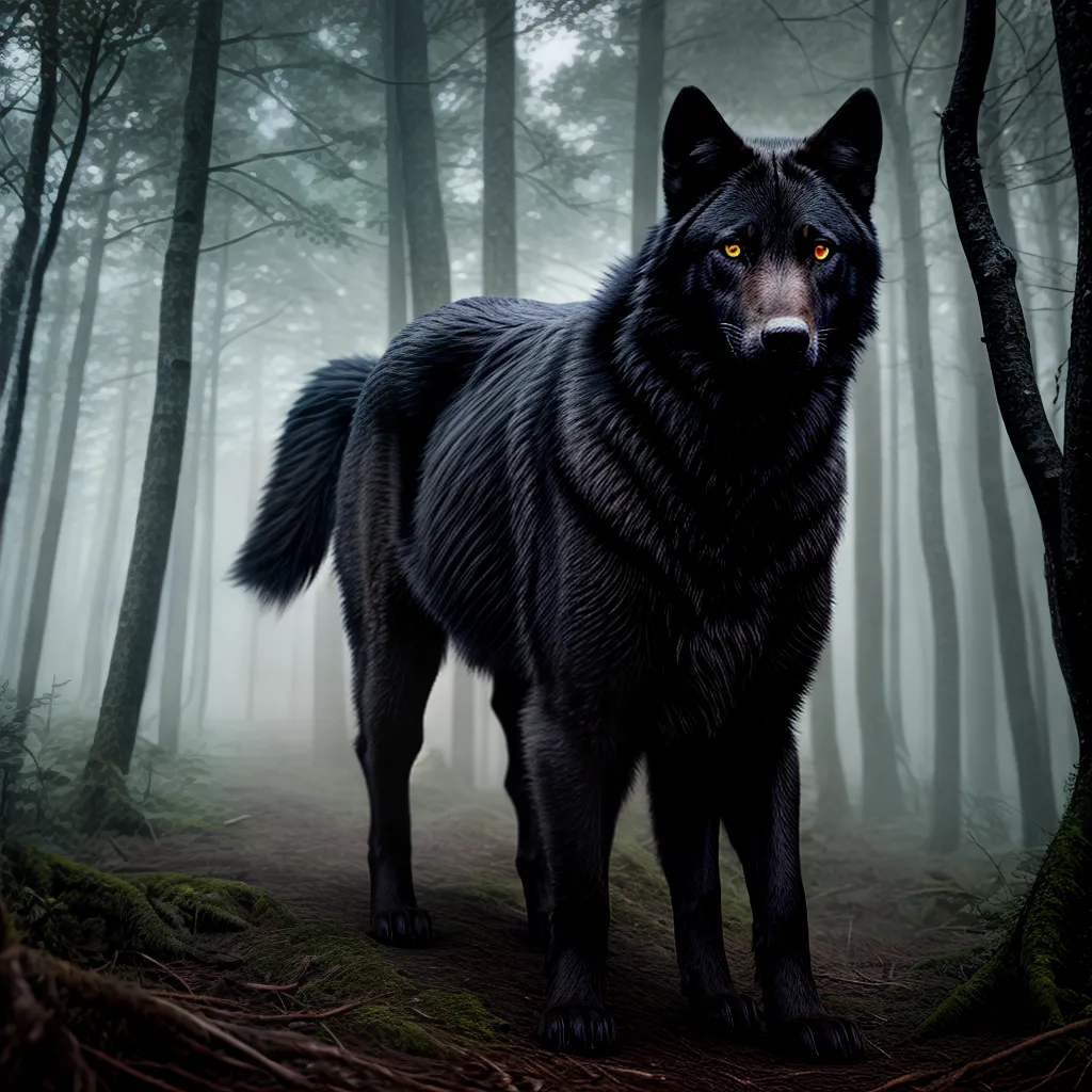 Fotos lobo negro olhos brilhantes floresta sombria