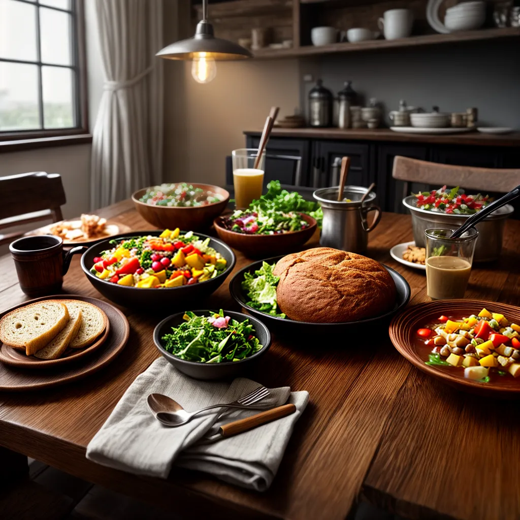 Fotos mesa rustica sopa pao salada