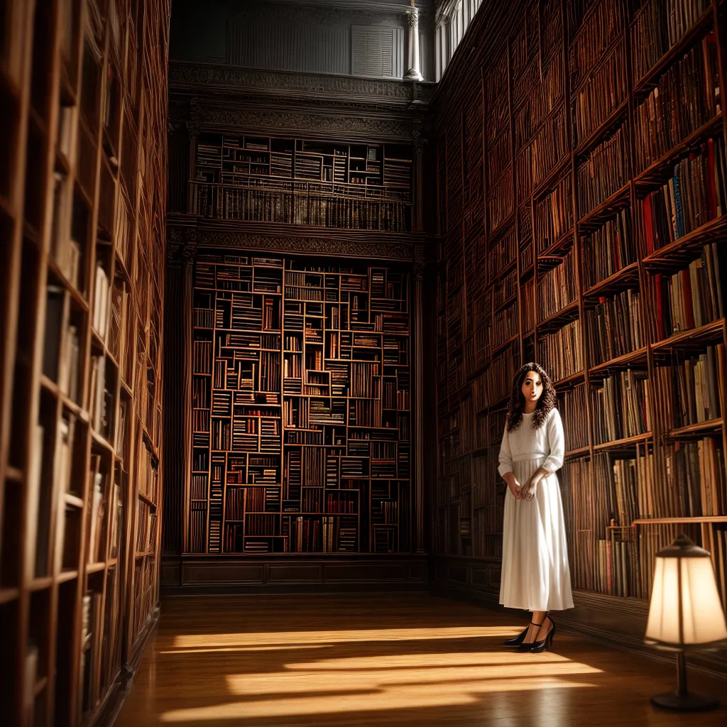 Fotos mulher estante livros lampada olhar