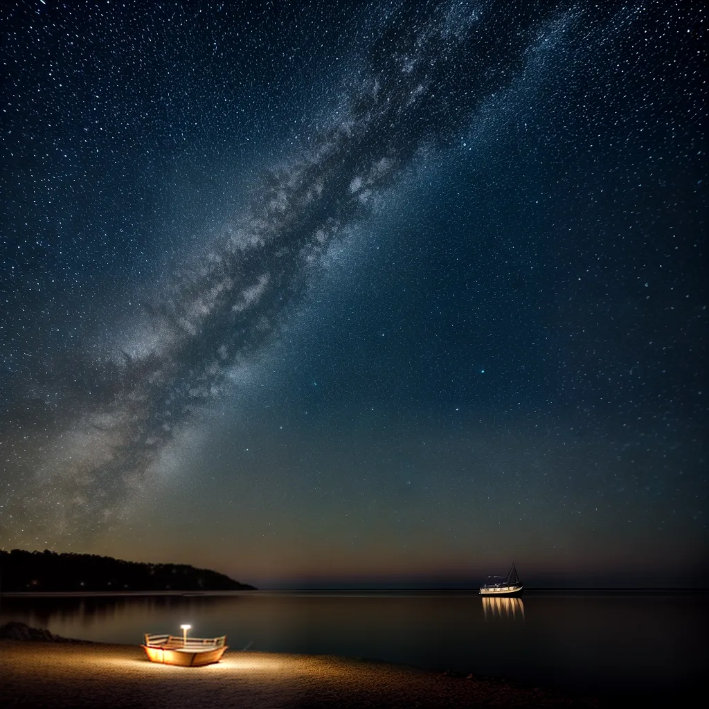 Fotos noite estrelada barco lanterna mar