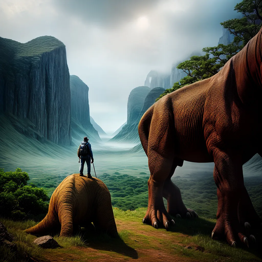Fotos pessoa dinossauro paisagem prehistorica
