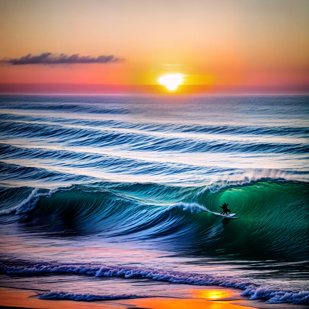 Fotos pordosol oceano surfista gaivotas tranquilidade