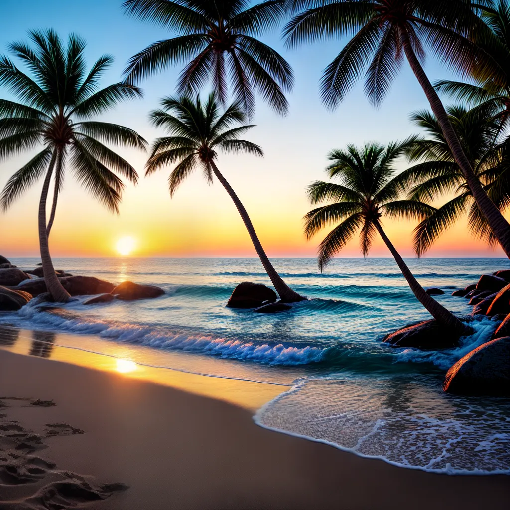 Descubra o Significado de Sonhar com Praias 2 Fotos pordosol praia palmeiras agua