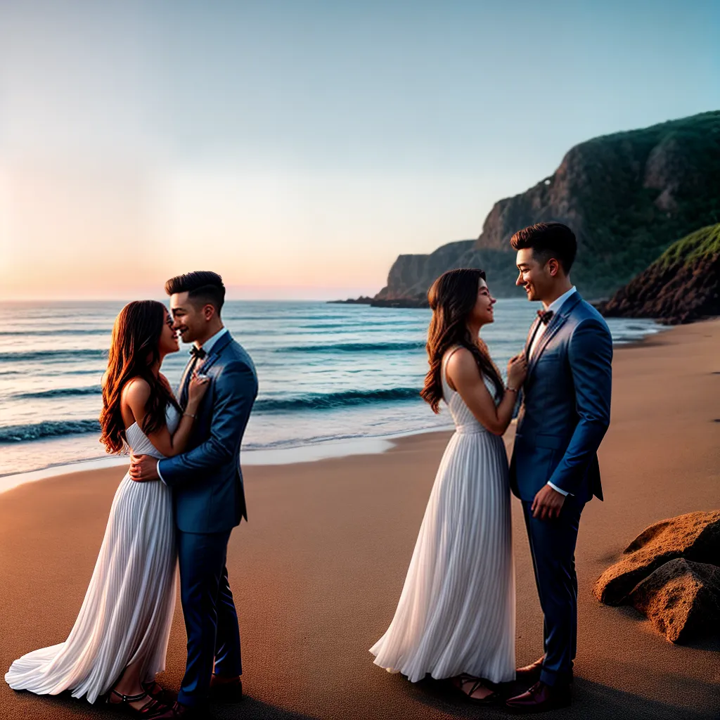 Fotos praia por do sol casal amor vestido