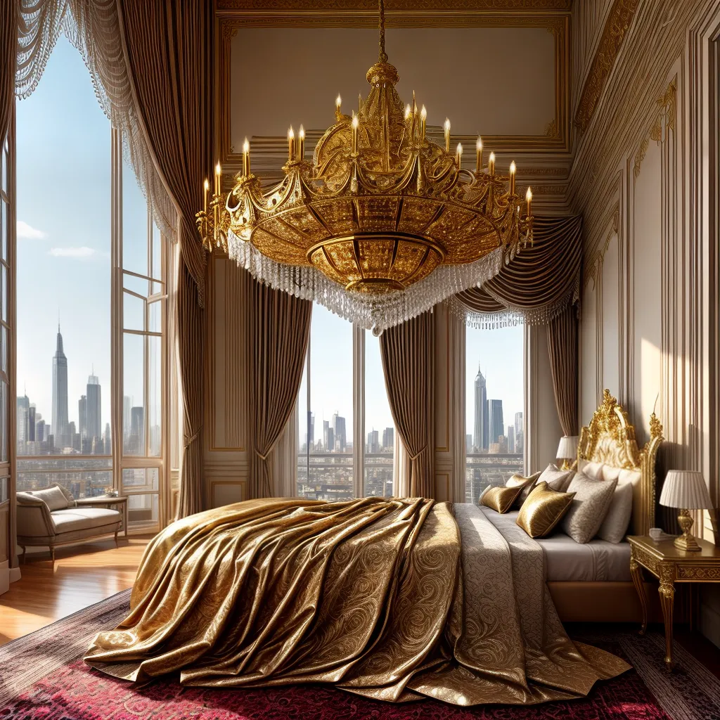 Magnificência dos Sonhos: Significado da Opulência 6 Fotos quarto luxuoso cama poster ouro janela