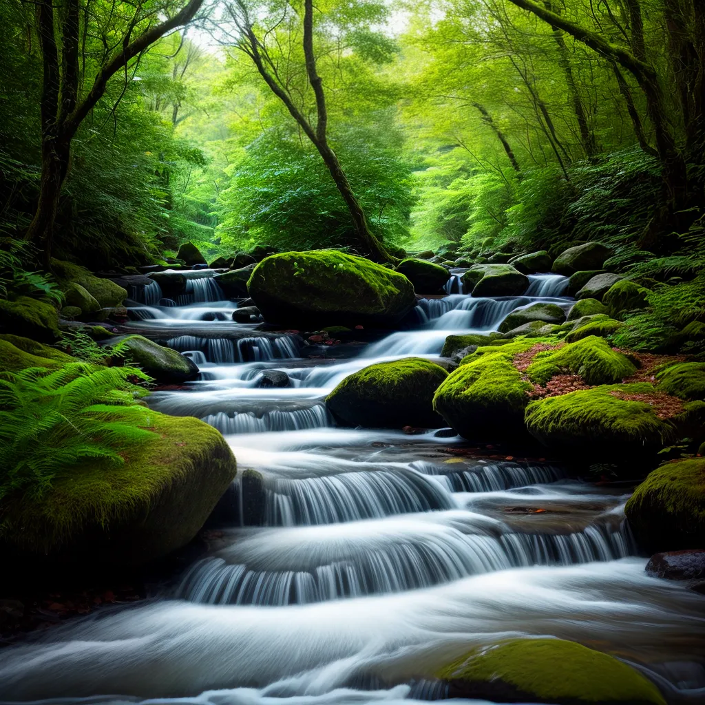 Descubra o significado de sonhar com córregos. 2 Fotos riacho floresta luz paz