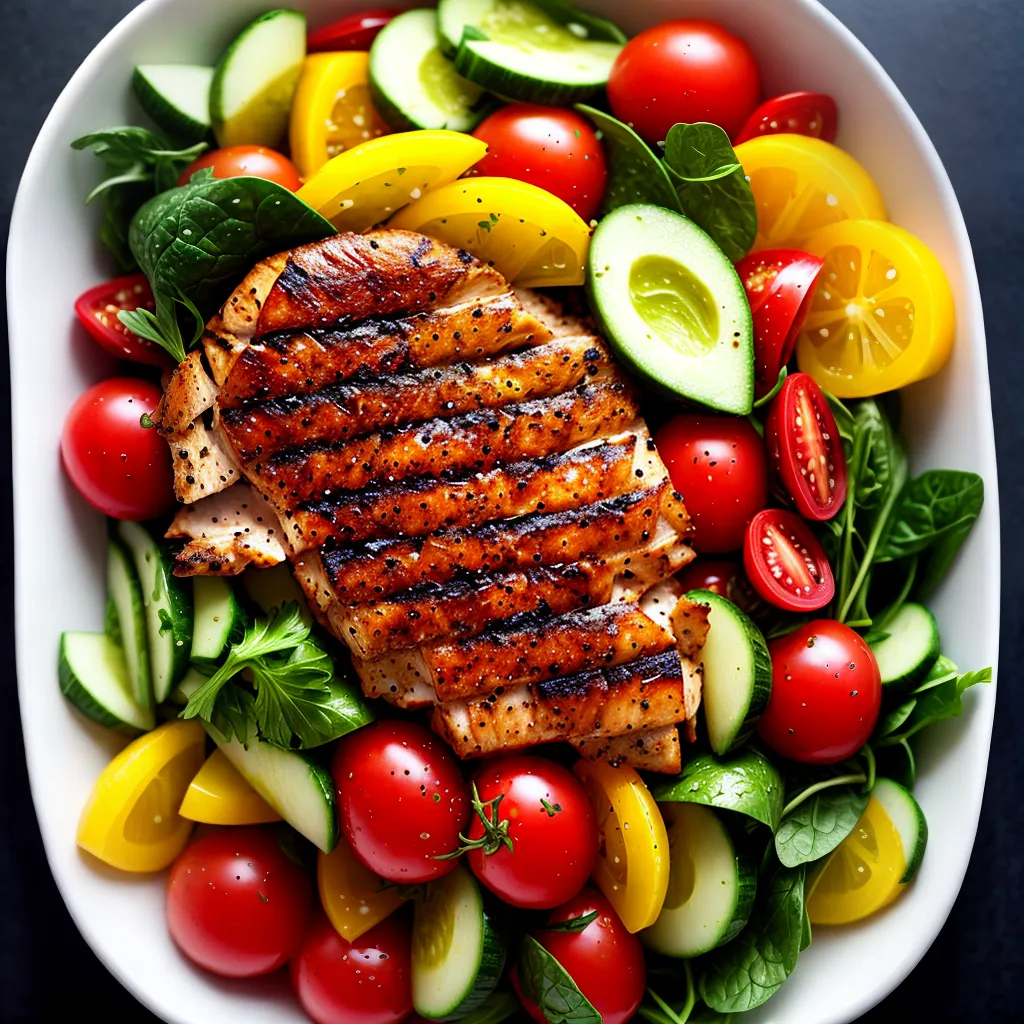 Descubra o que Significa Sonhar com Alimentação Saudável e Nutrição. 2 Fotos salada colorida proteina grelhada