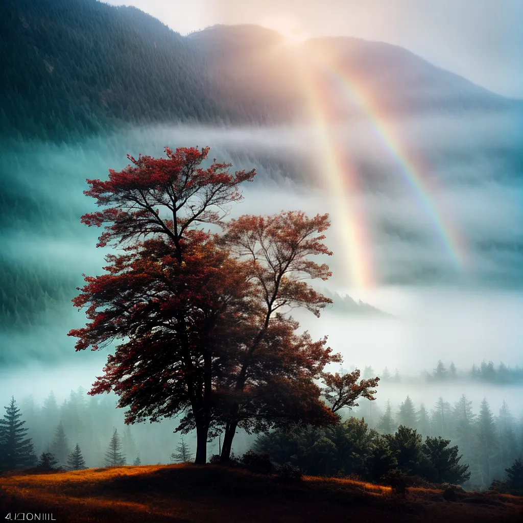 Fotos sonho arco iris floresta nevoa
