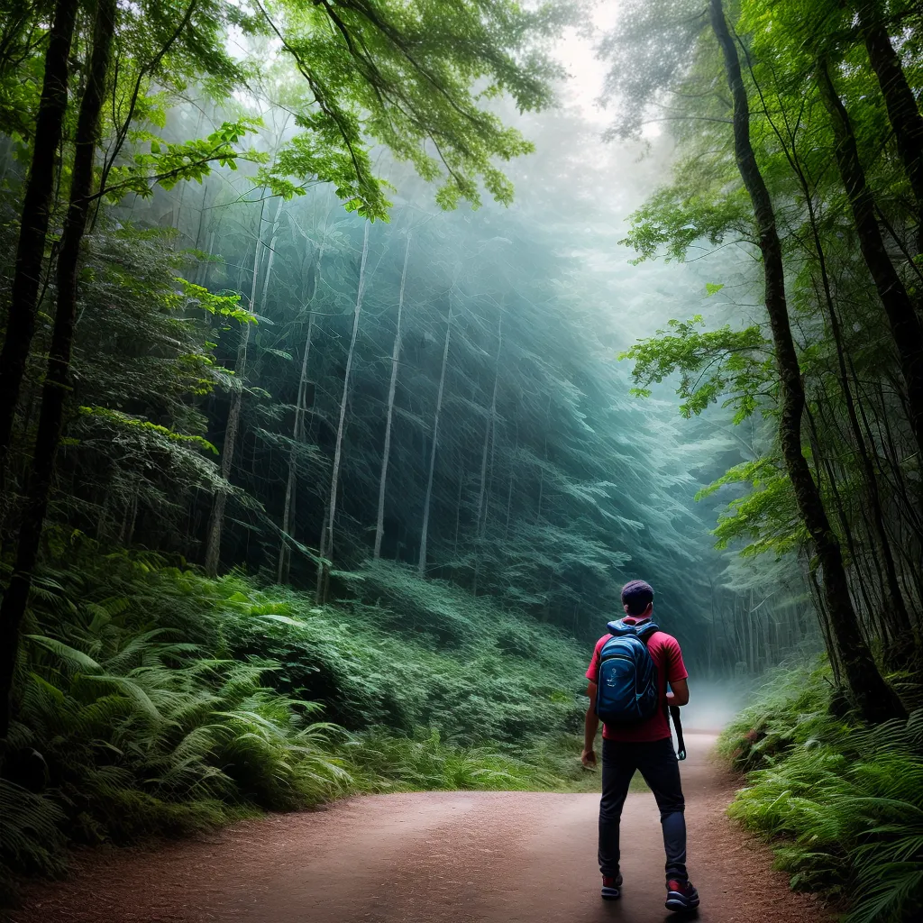 Significado de Sonhar com Viagem Sustentável e Consciência Ambiental. 3 Fotos trilha floresta garrafa mochila eco