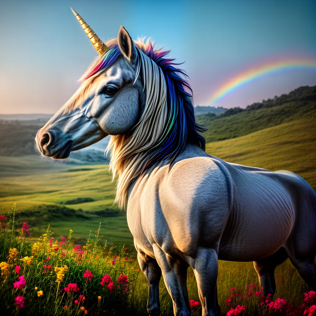 Fotos unicornio arcoiris campo flores menina