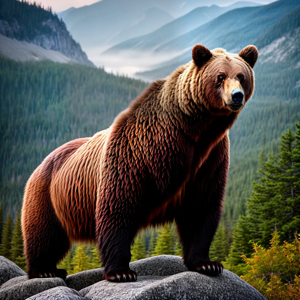 A. Natureza Selvagem: Sonhar com Animais, Floresta e Montanhas 6 Fotos urso grizzly pico por do sol