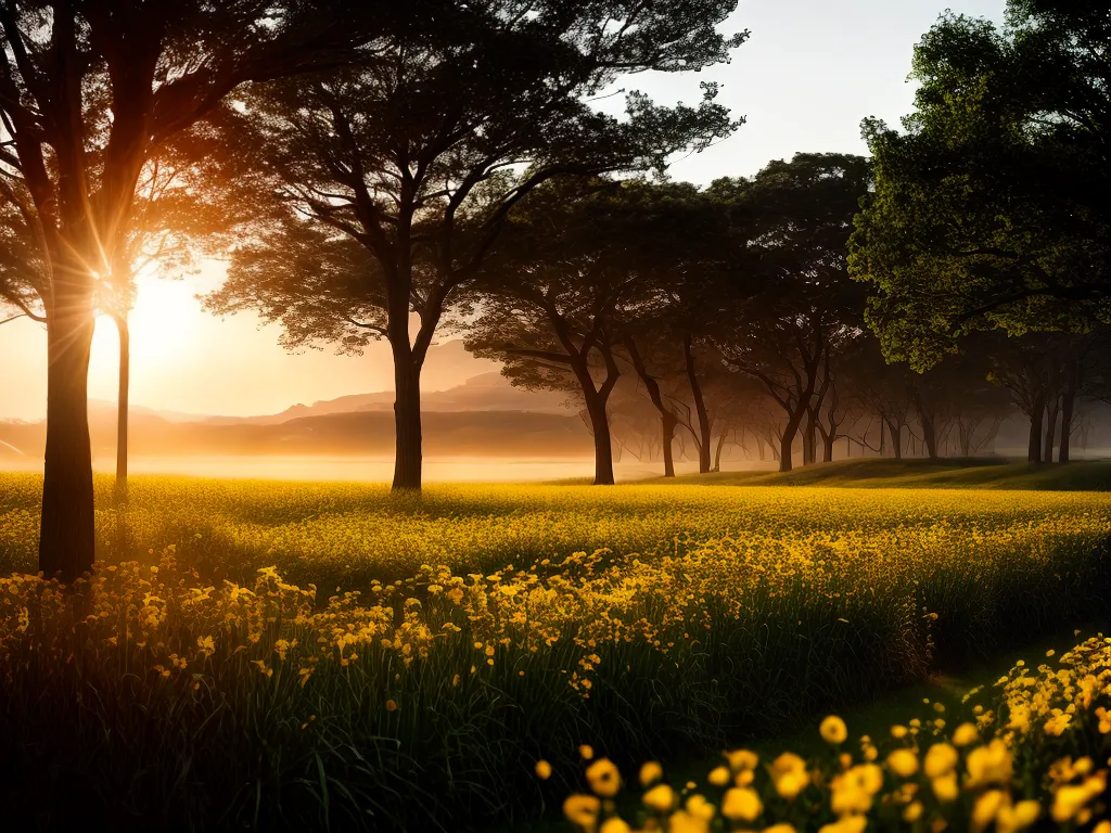 Fotos amanhecer dourado campo flores frutas borboletas