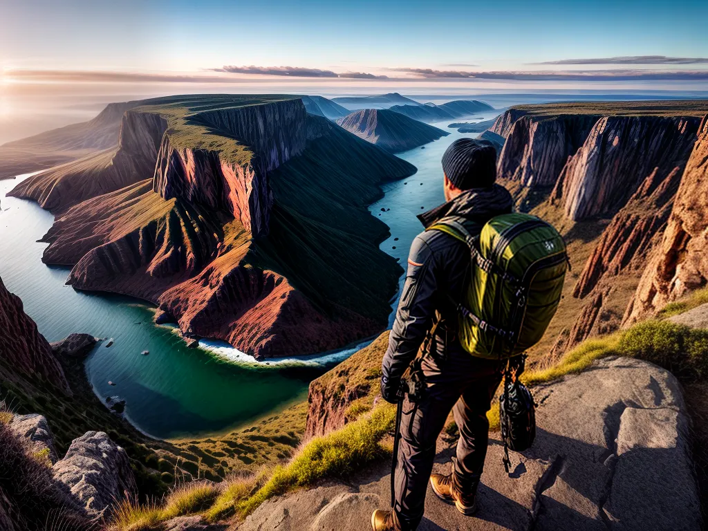 Nenhum dos títulos apresentados. 4 Fotos aventura explorador paisagem cliff por do sol
