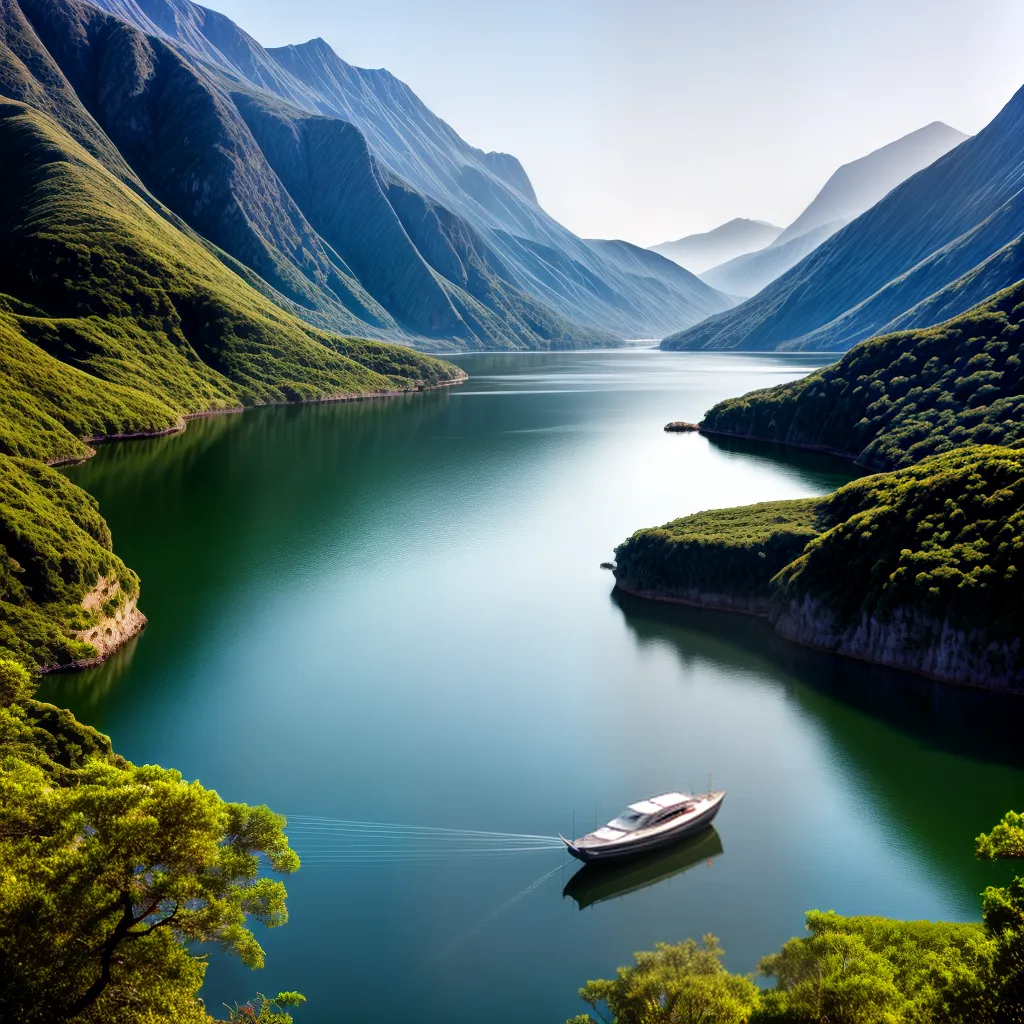 Fotos barco brilhante lago montanhas