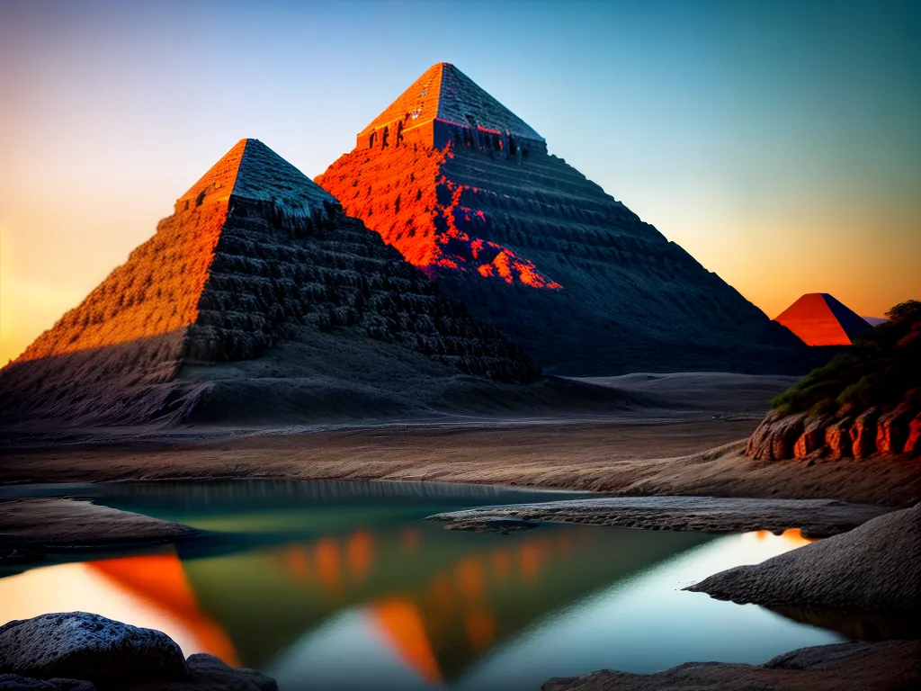 A simbologia dos sonhos com pirâmides: decifrando seus triângulos oníricos 3 Fotos base piramide por do sol misterio