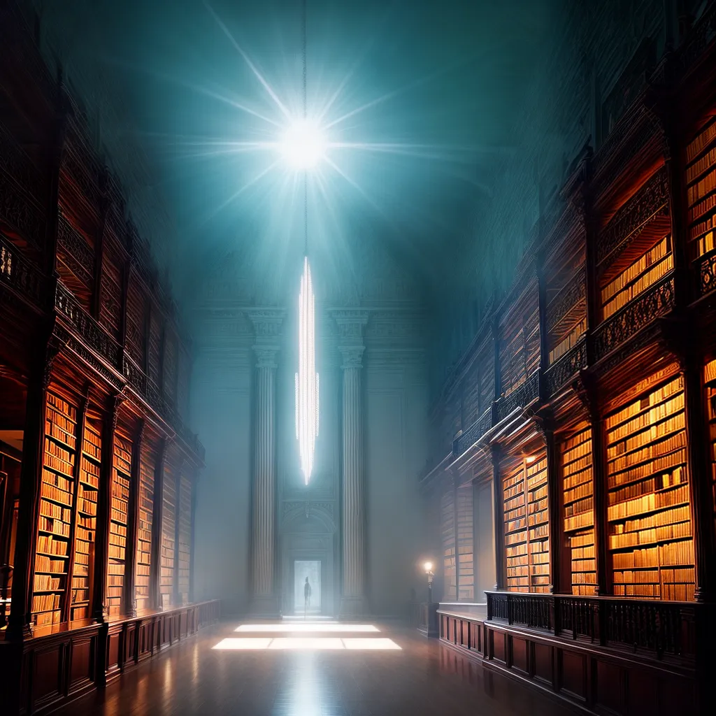 Biblioteca dos Sonhos: Desvendando o Mundo dos Significados Oníricos. 3 Fotos biblioteca mistica luz dourada livros vivos