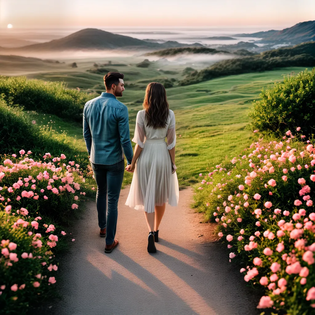 A Jornada da Sedução: Descubra o Significado de Sonhar com Par Romântico 5 Fotos casal caminhando flores por do sol