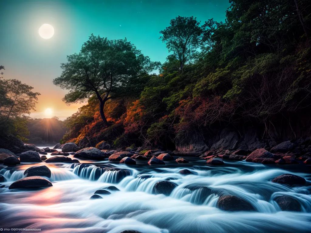 Fotos ceu estrelado lua brilhante lago tranquilo
