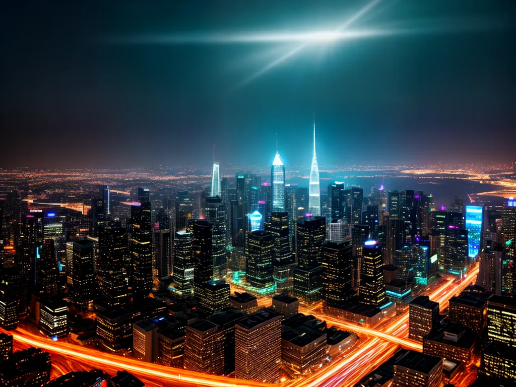 Fotos cidade futurista noite neon carros voador