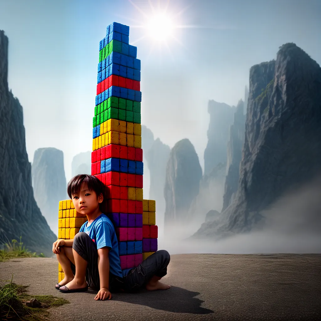 Fotos crianca construindo torre blocos
