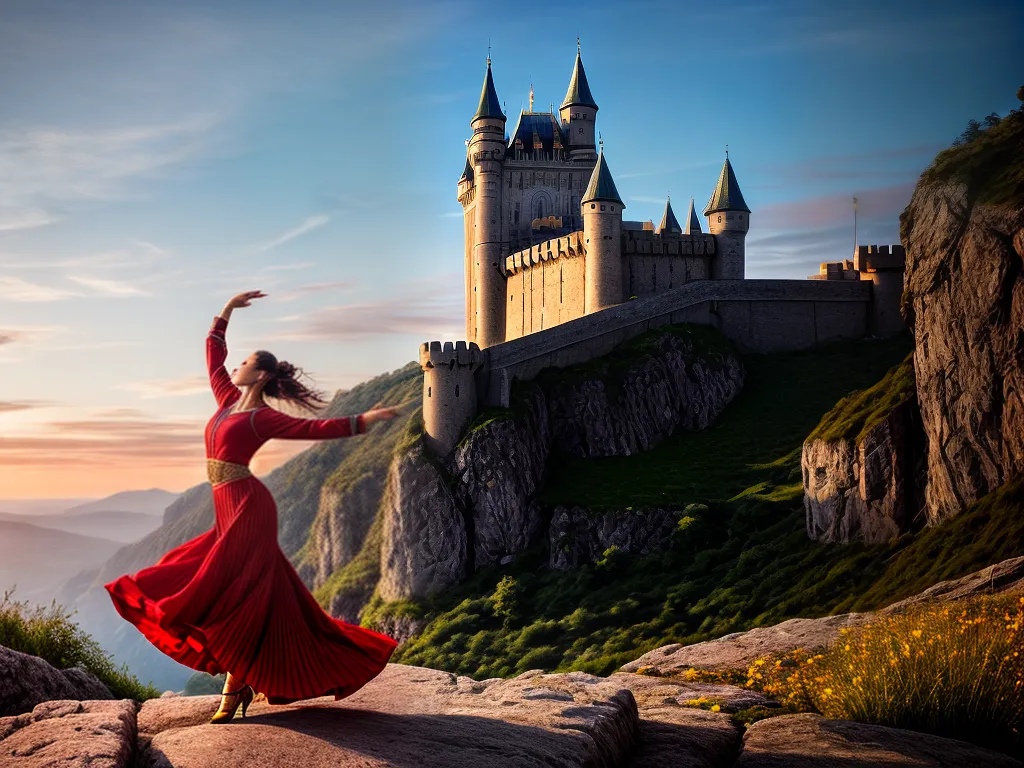 Fotos dancarina fortaleza medieval por do sol
