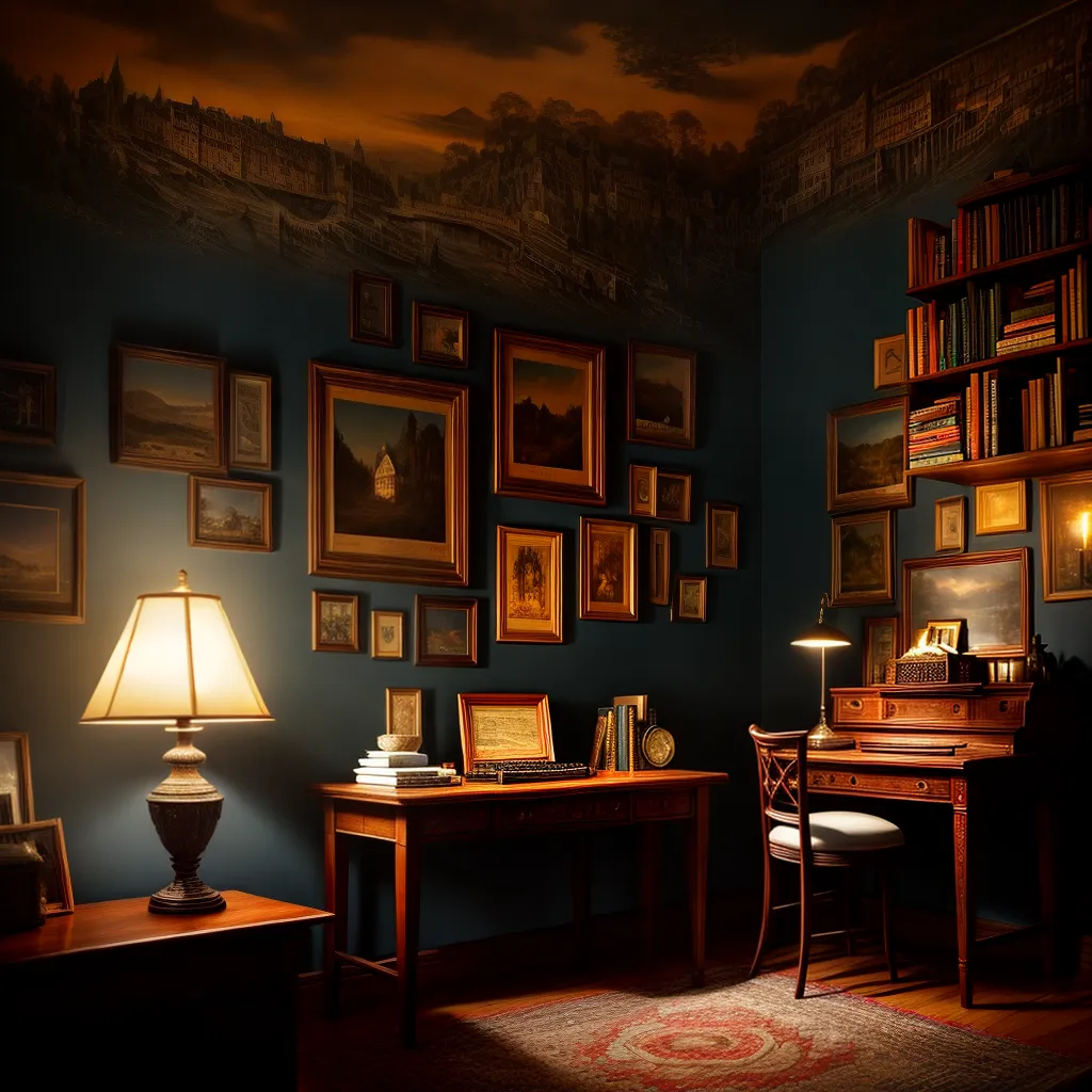 Explorando o Subconsciente: Revelações do Gabinete Noturno 5 Fotos escritor mesa tipografia livros pinturas
