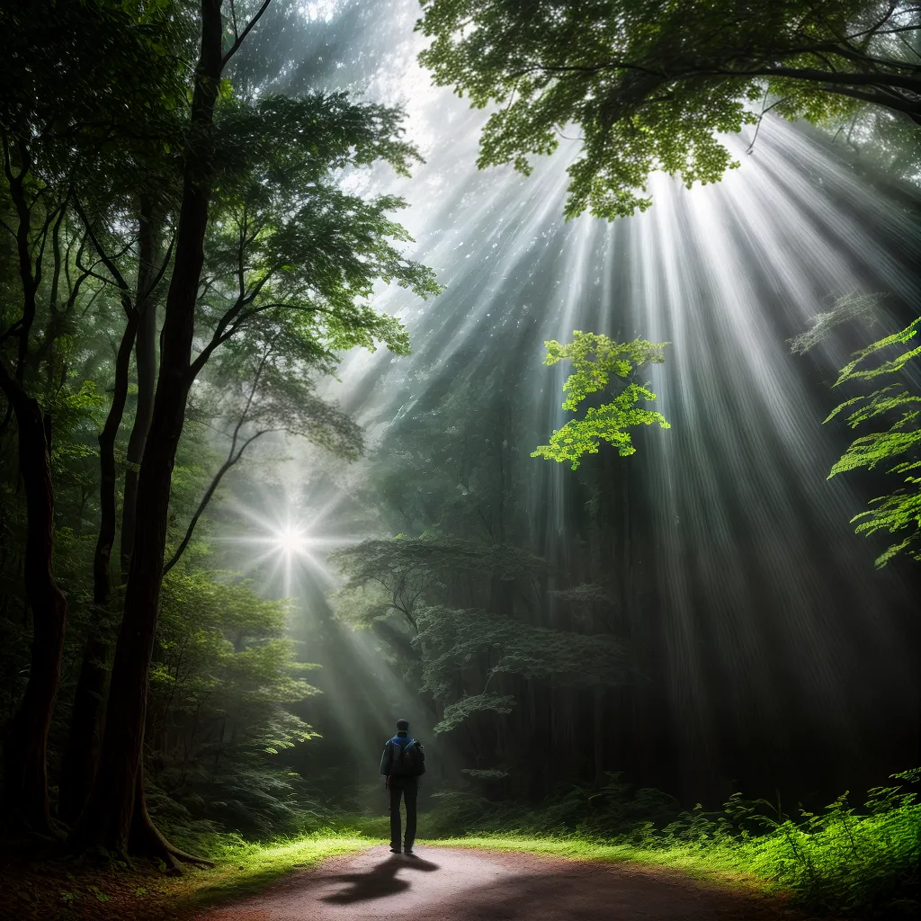 Mistérios e Encantos: Descobrindo os Segredos dos Espectros - Significado de sonhar com fantasmas no Ecoturismo 6 Fotos floresta misteriosa raios sol hiker