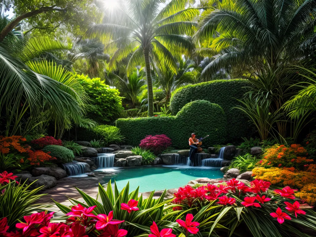 Fotos jardim tropical violinista cores vibrantes