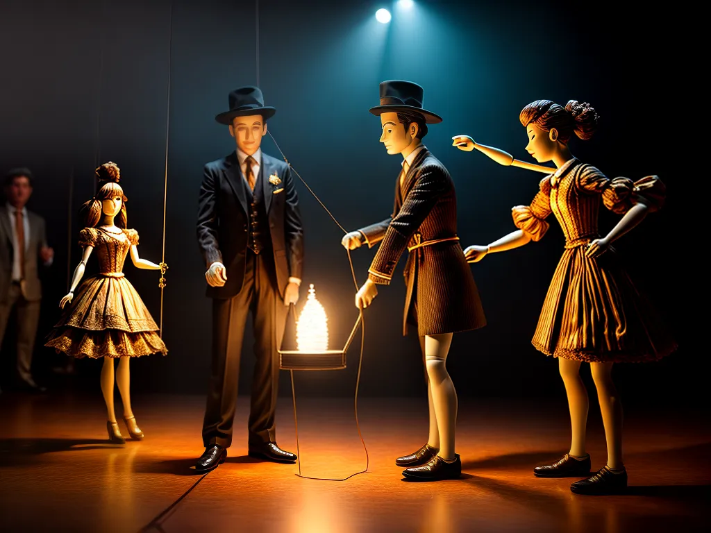 Fotos marionetes artista palco escuro