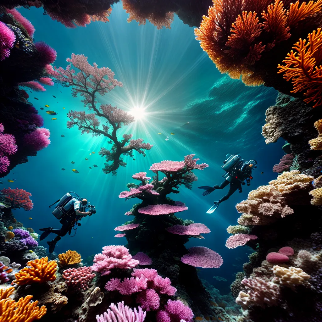 Fotos mergulhador recifes coral cores