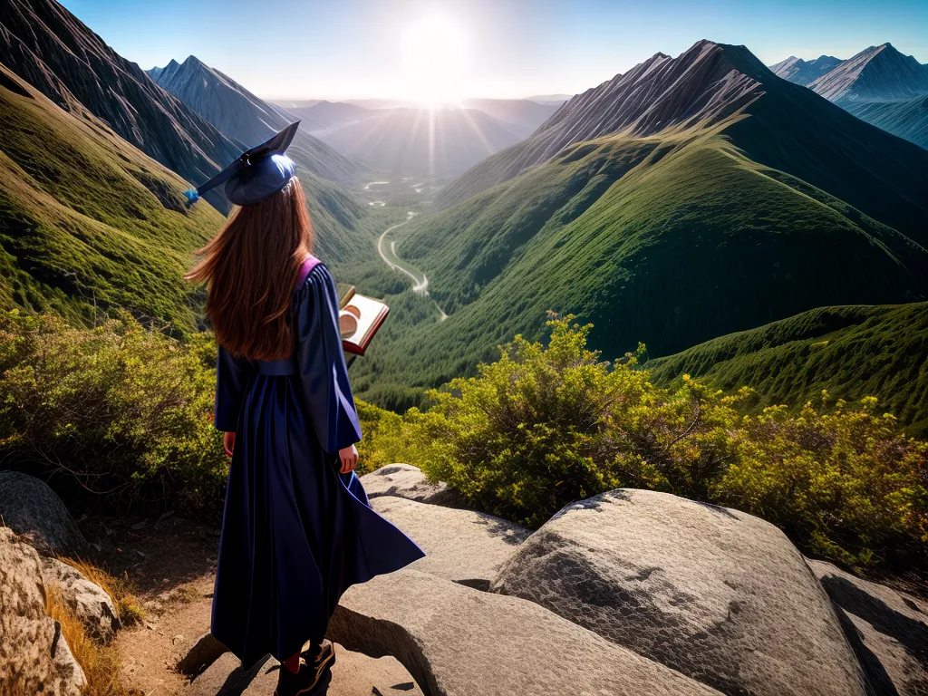 Sonhar com Ensino Superior: Descubra os Significados Ocultos e Tome Decisões Pragmáticas 4 Fotos mulher formada montanha sol livros