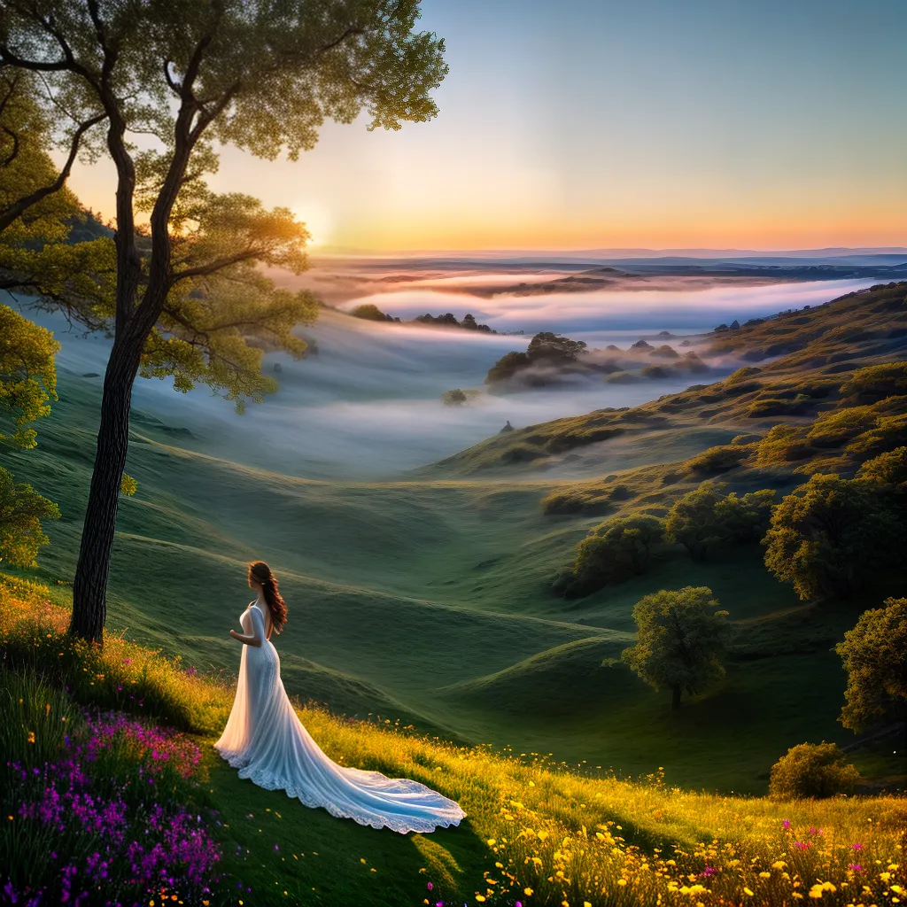 Descubra o Significado Elegante dos Sonhos: Encante-se! 4 Fotos mulher vestido branco campo flores por do sol