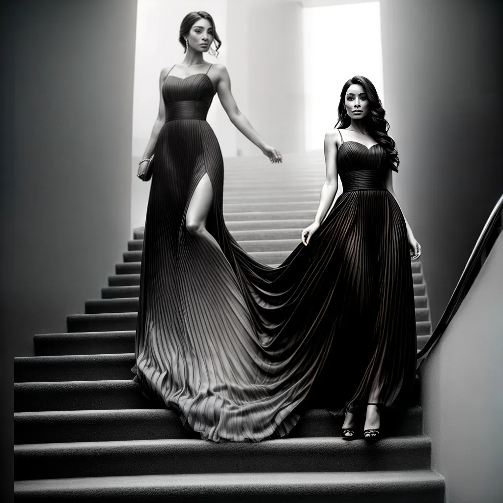 Fotos mulher vestido escada preto branco