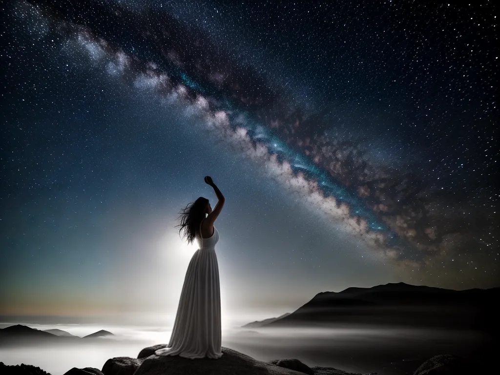 A elegância dos sonhos: desvendando seus significados 6 Fotos mulher vestido preto branco montanha estrelas