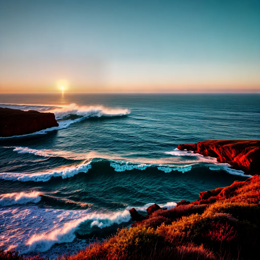 Fotos oceano por do sol ondas gaivotas