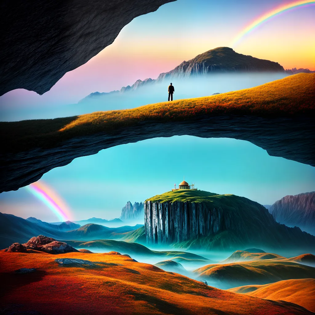 Fotos paisagem surreal ilha flutuante arco iris