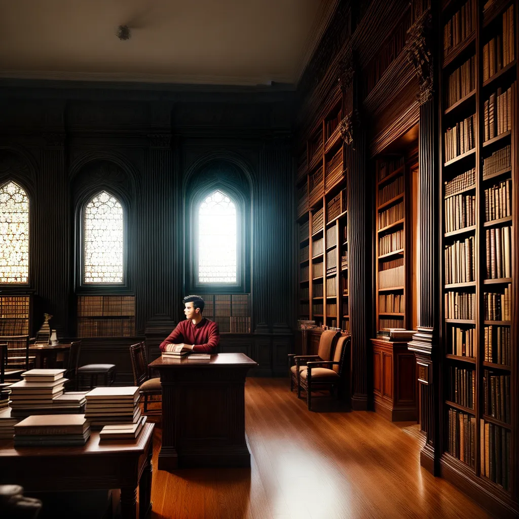 Fotos pessoa reflexiva biblioteca luz livros