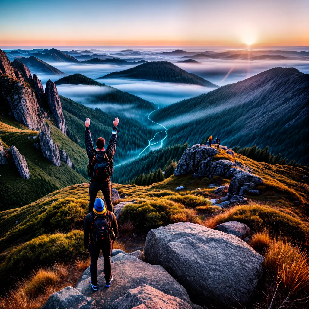 Fotos pessoa triunfante por do sol montanha