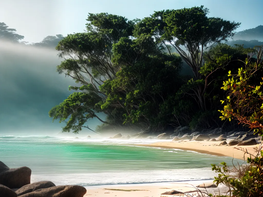 Mundo dos Sonhos: Coqueirais, Sombras e Pedras Desvendados! 4 Fotos praia paraiso manha neblina natureza